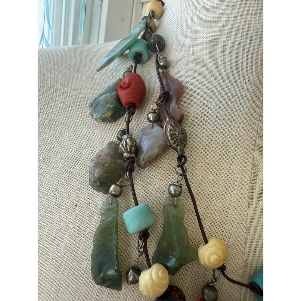 Vintage 80s Double Strand Necklace Carved Agate Trade Beads Boho - Picture 8 of 16